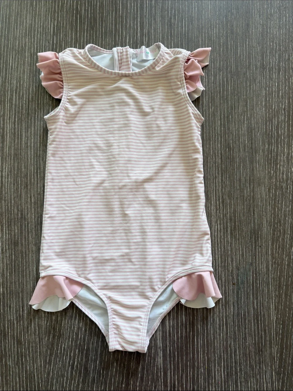 Used Size 6 Cecil and Lou Pink Stripe Ruffle One-Piece Swimsuit